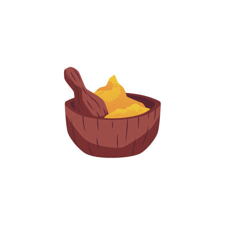 Turmeric or curcuma powder in mortar for spices, vector illustration isolated.のイラスト素材