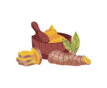Turmeric curcuma powder in bowl, cartoon realistic vector illustration. Turmeric spice and root with leaf package designのイラスト素材