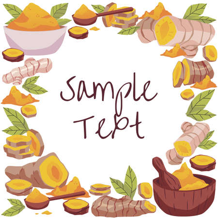 Turmeric or curcuma decorative banner or food label, flat vector illustration.のイラスト素材
