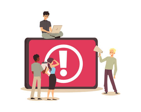 Tiny people examining operating system error or failure warning on website, cartoon vector illustration.のイラスト素材