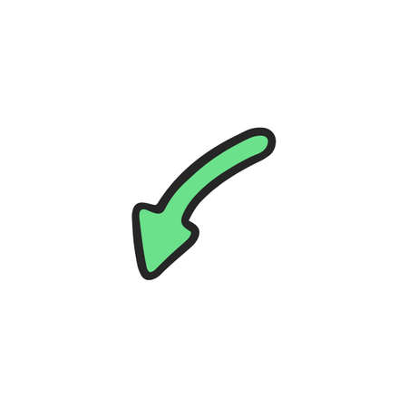 Green arrow doodle vector icon pointing down. Pin map symbol cursor in cute sketch style with black stroke.のイラスト素材