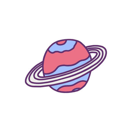 Saturn color vector doodle. Planet with rings cartoon cute icon, tiny and cute. Isolated outer space element, kid.のイラスト素材