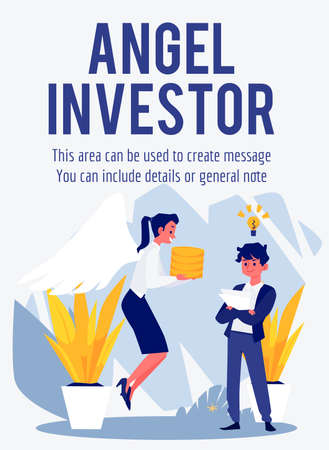 Female angel investor gives funding and money capital to young startup businessman with light bulb over his head.のイラスト素材