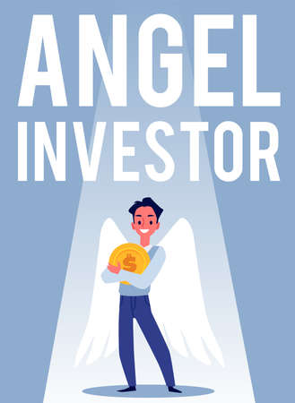 Angel investor cartoon vector poster. Male with wings behind him is standing front view with gold coin in his arms.のイラスト素材
