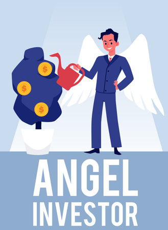 Male with wings in business suit watering money tree plant with gold coins grow on it. Angel investor funding business.のイラスト素材