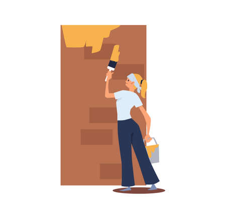 Woman renovating her house, flat cartoon vector illustration isolated on white.のイラスト素材