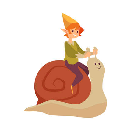 Garden gnome or elf boy riding on snail, flat vector illustration isolated.のイラスト素材