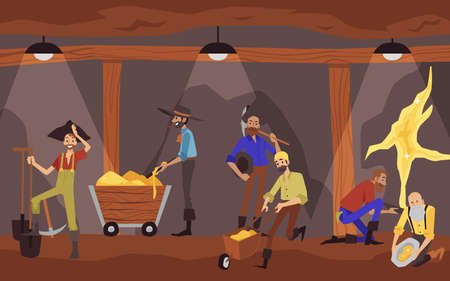 Cartoon bearded, happy men, gold diggers work in gold mine with variety of toolsのイラスト素材