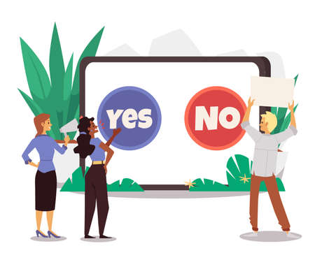 People persuade to make choice, yes or no button on tablet - flat vector illustration isolated on white background.のイラスト素材