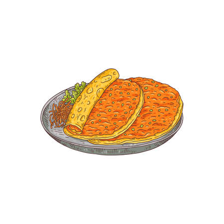 Lahmacun or Turkish pizza dish hand drawn color vector illustration isolated.のイラスト素材