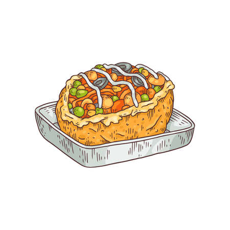 Turkish Kumpir traditional cuisine dish hand drawn vector illustration isolated.のイラスト素材