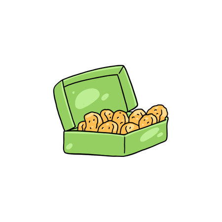 Hand drawn chicken nuggets box in colored doodle style, vector illustration isolated on white background.のイラスト素材
