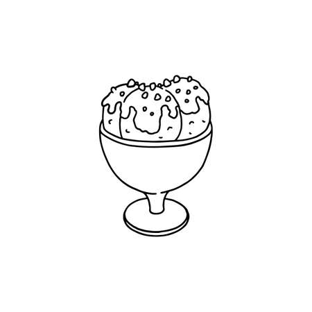 Ice cream scoops in glass bowl, hand drawn doodle vector illustration isolated on white background.のイラスト素材