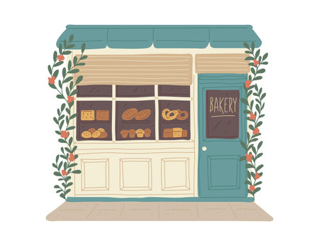 Bakery facade in old city or town, flat vector illustration isolated on white background.のイラスト素材