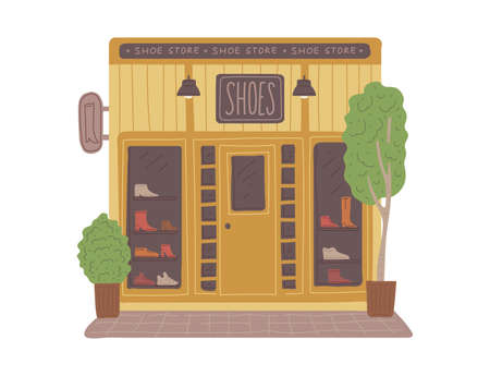 Shoe store front with showcase with footwear, flat vector illustration isolated.のイラスト素材
