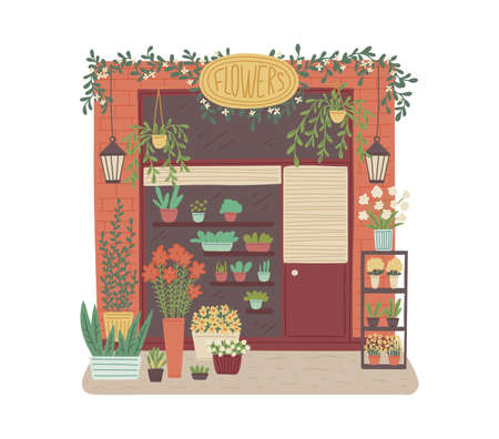 Flower shop facade with cute plants in pots, flat vector illustration isolated on white background.のイラスト素材