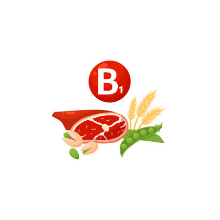 Vitamin B1 shining red capsule or pill realistic vector illustration. Supplements and food rich in vitamin b.のイラスト素材