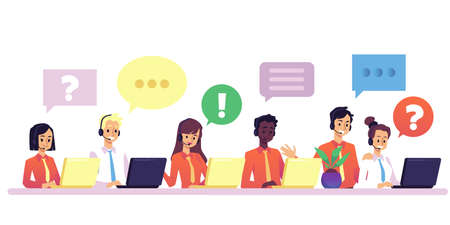 Telemarketing call center consultants team, flat vector illustration isolated.のイラスト素材