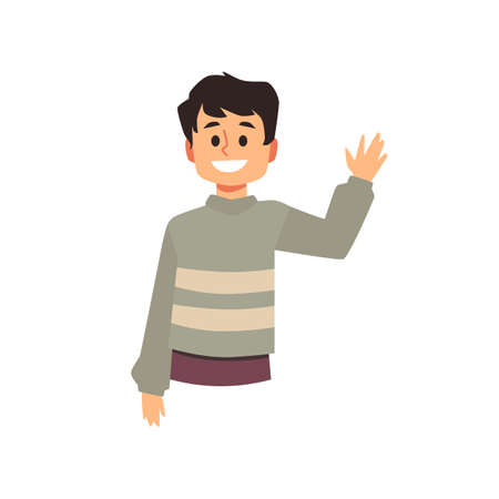 Black haired white boy wave hello, cartoon character design. Little kid waving bye, hand gesture vector illustration.のイラスト素材