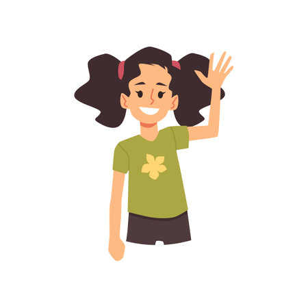 Cute girl waves her hand in greeting, smiling cartoon kid character saying hiのイラスト素材