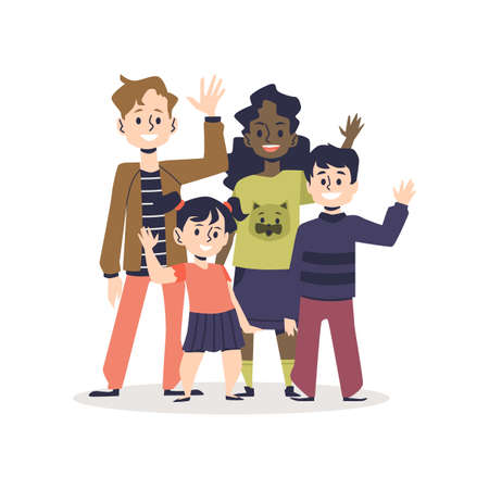 Kid wave hands in greeting or goodbye, group of different cartoon charactersのイラスト素材