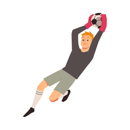 Goalkeeper soccer player defends goal of his team in flat vector illustrationのイラスト素材