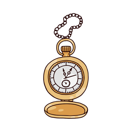 Vintage pocket watch with chain hand drawn colored vector illustration isolated.のイラスト素材