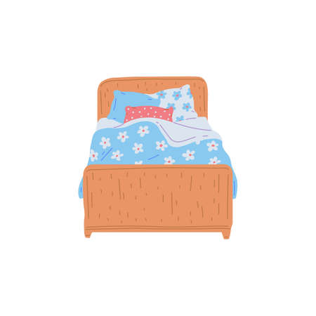 Wooden bed with pillows and cute bedclothes, flat vector illustration isolated.のイラスト素材