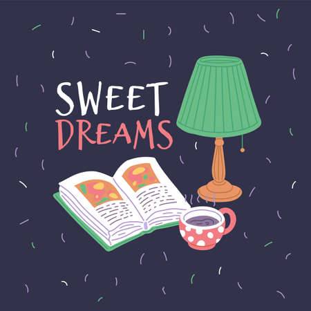 Cute poster with concept of bedtime and sleeping - lamp, book and cup of tea, flat vector illustration.のイラスト素材