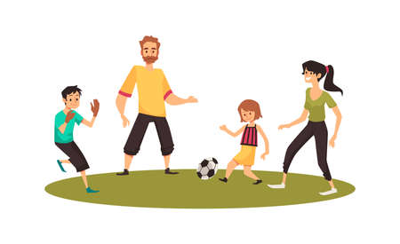 Family playing soccer together on grass, flat vector illustration isolated.のイラスト素材