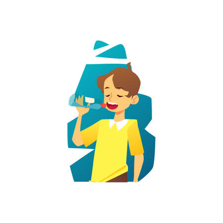 Boy drinks water from bottle, flat vector illustration isolated on white.