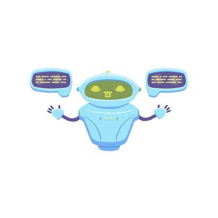 Cute robot communicates through speech bubbles, flat vector illustration isolated on white background.のイラスト素材