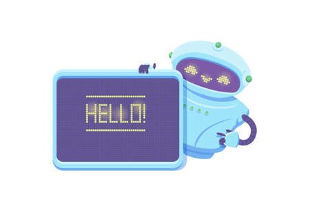 Cute chatbot holds digital board with hello text, flat vector illustration isolated on white...