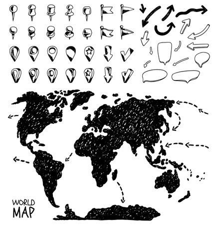 World map and location designation markers set, hand drawn doodle vector illustration on white background.のイラスト素材