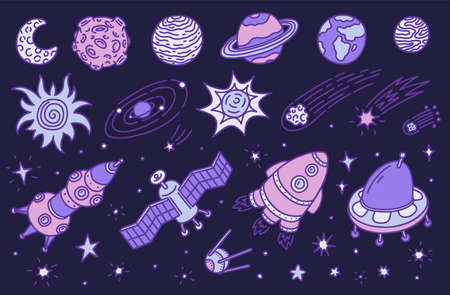 Comic space rockets, satellites, planets and asteroids - cartoon flat vector illustration.のイラスト素材
