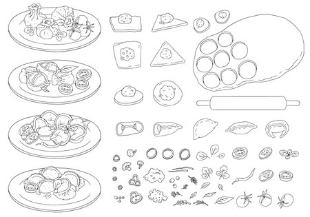 Set for decorating recipe for making dumplings with various ingredientsのイラスト素材