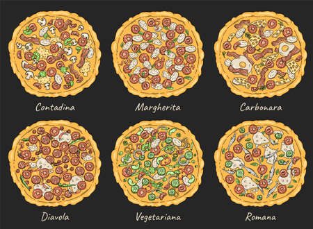Top view of set of different Italian pizzas with salami, tomatoes, cheeseのイラスト素材
