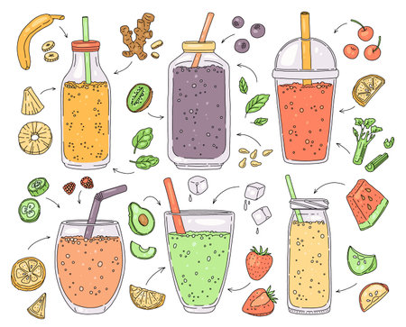 Glass bottle and jar with detox juice or smoothie, hand drawn sketch vector illustration isolated on white background.のイラスト素材
