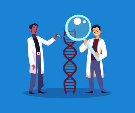 Scientist with magnifier research DNA helix, genetic engineering concept - flat vector illustration.のイラスト素材