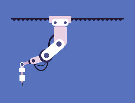 Smart factory robotic arm or mechanical hand, flat vector illustration isolated.のイラスト素材
