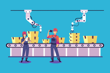 Robotic hands packing boxes on smart factory conveyor, isolated flat vector illustration.のイラスト素材