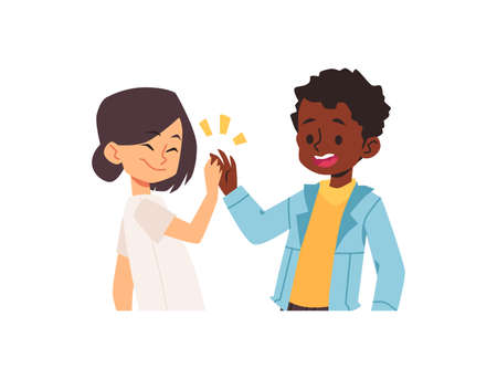Happy children give each other high five, flat vector illustration isolated on white background.のイラスト素材