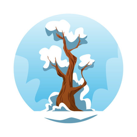 Naked oak tree covered in snow, cartoon winter vector illustration. Snowy tree plant at the round frame, blue color.のイラスト素材