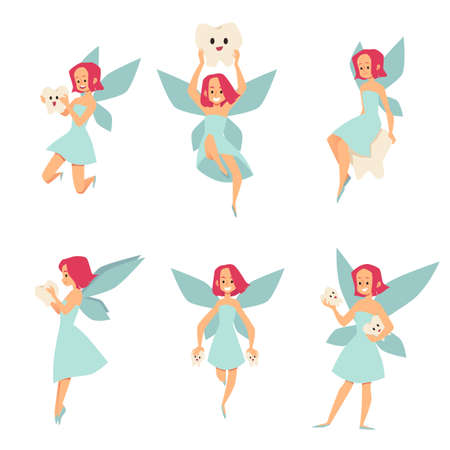 Tooth fairy female characters collection, flat vector illustration isolated.のイラスト素材