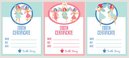 Tooth certificate templates set with beautiful magic fairies for kids in flatのイラスト素材