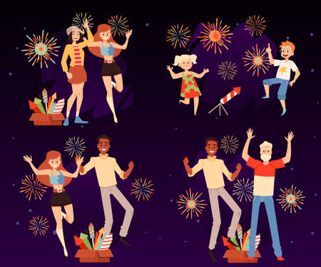 People celebrate solemn event with firework, flat vector illustration isolated.のイラスト素材