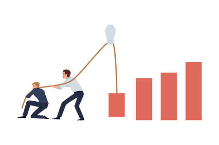 Two businessmen pull up sales chart vector concept. Profit raising concept of two white collars managers.のイラスト素材