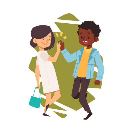 Black boy gives high five to asian girl, cartoon vector illustration. Two happy kids clap hands, isolated.のイラスト素材