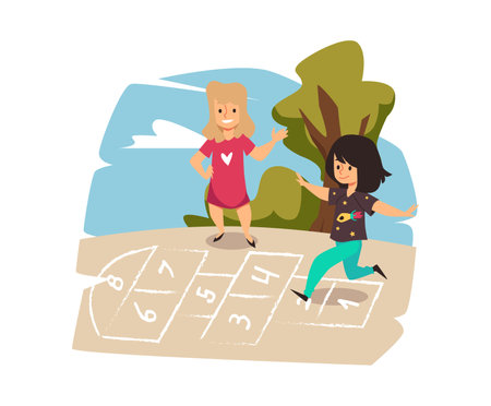 Black haired girl play hopscotch activity game, cartoon vector illustration. Child hop scotching outside.のイラスト素材