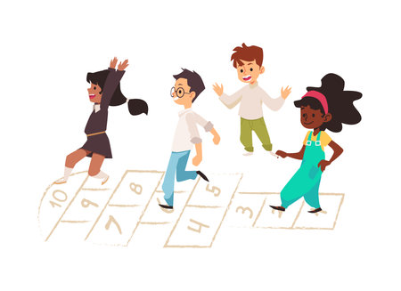 Hopscotch child activity game, isolated. Hispanic, black and white kids are jumping around playing hop scotch.のイラスト素材